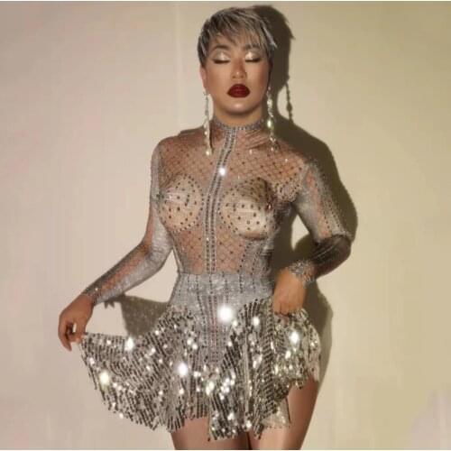 Nightclub Dar Female Singer Costume Silver Wheel Print Rhinestones Dress Long-Sleeved Sequin Prom Evening Dresses Outfit XS2551