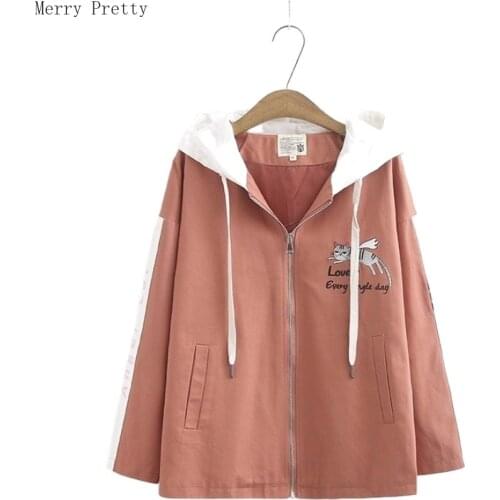 Women Cartoon Cat Embroidery Pullover Jacket 2020 Spring New Ziptter Loose Patchwork Loose Casual Hooded Jacket For Outdoor