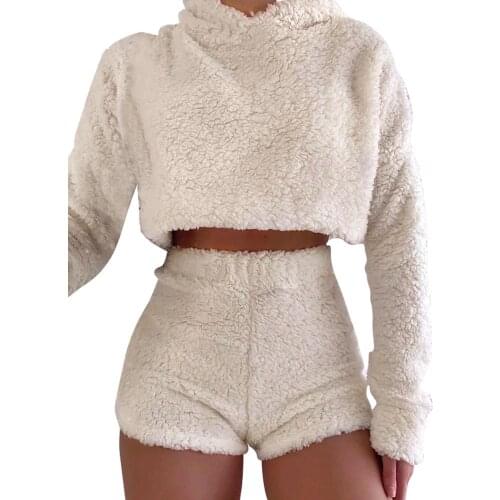 Ladies Faux Fur Warm Wool 2Pcs Suit Sexy Women Clothing Long Sleeve Hooded Top + Short Pants Solid Outfit for Autumn and Winter