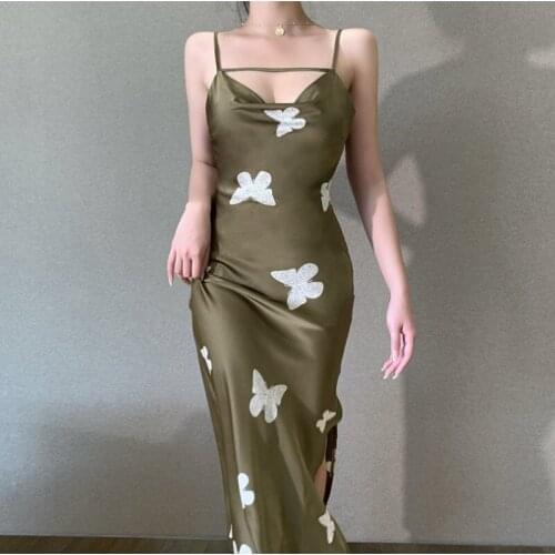 2021 Women Satin V Neck Sexy Dress Solid Butterfly Print Party Dresses Elegant Bodycon Maxi Dresses Summer Spaghetti Strap Dress