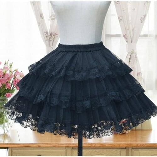 3 Layer Mesh & Floral Lace Trim Black Lolita Pettiskirt Fluffy Tutu Skirt Women Cute Short Petticoat Sweet Ball Gown Underskirt