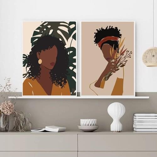 African American Art Abstract Burnt Orange Afro Woman Black Girl Wall Art Canvas Painting Minimalist Posters Prints Home Decor
