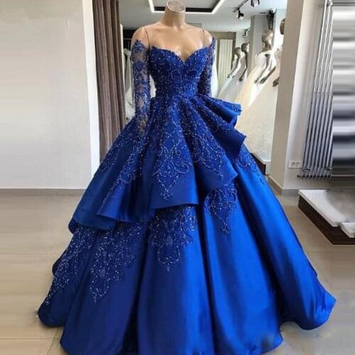 Ball Gown Long Sleeve Royal Blue Prom Dresses with Detachable Skirt Luxury Beaded Chic Long Evening Dress Special Occasion Gowns
