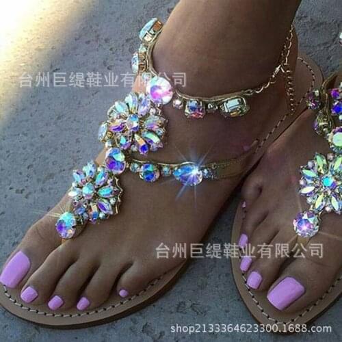 Summer woman sandals PU Slip On Flat Toe Round Toe Shallow Rhinestones Bohemia Toe Comfy Soft Retro Wedge women shoes size 36-44