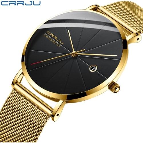 CRRJU Gold Men Watch Top Brand Luxury Date Business Wristwatch Mesh Steel Waterproof Quartz Clock for Men Relogio Masculino