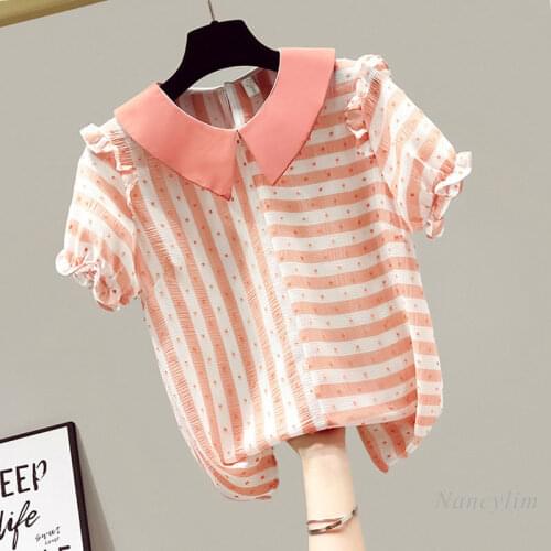 Elegant Ladies Blouse 2021 Summer New Fashion Doll Collar Striped Polka Dot Short Sleeve Chiffon Shirt Girls All-Match Tops