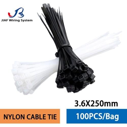 JIAF Nylon Cable Ties 3.6X250 Self Locking Plastic Loop Wire Black Wrap Strap Zip Organiser Fasten Tension Belt 100PCS