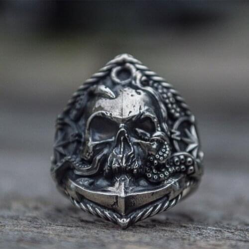 Hip Hop Vintage Black Pirate Anchor Compass Biker Rings for Men Women Gothic Domineering Skull Mens Ring Punk Rock Jewelry