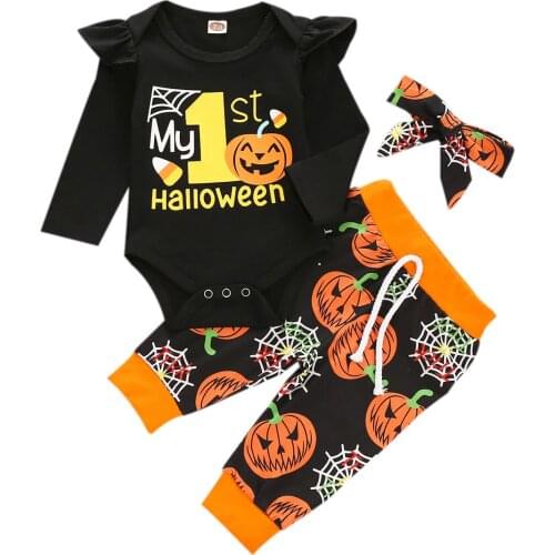 Halloween Party Infant Baby Girls Outfit My 1st Halloween Print Long Sleeves Romper+Pants+Headband 3Pcs Pumpkin Clothes Set