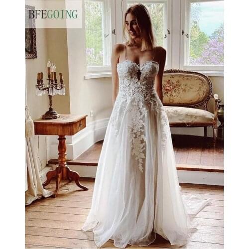 Ivory Lace Organza Sweetheart Spaghetti Straps Floor-Length A-Line Wedding Dresses Chapel Bridal Gowns Custom Made