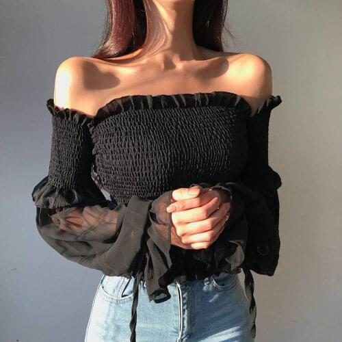 Fashion black Color Pleated Bow Women Ladies Long Sleeve Off Shoulder Cropped Tops Blouse Shirt Lace Up Corset