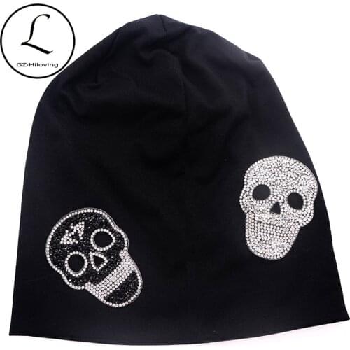 Soft Women Skulls Rhinestones Cotton Beanies Hats Mens Unisex 2020 New Casual Slouchy hat and Caps ladies Girls Loose Black hats