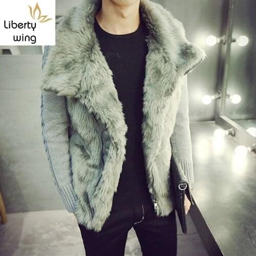 Autumn Winter Faux Patchwork Knitting Sleeve Mens Casual Coats Fashion Slim Fit Thick Warm Fur Collar Male Short Sweatercoats