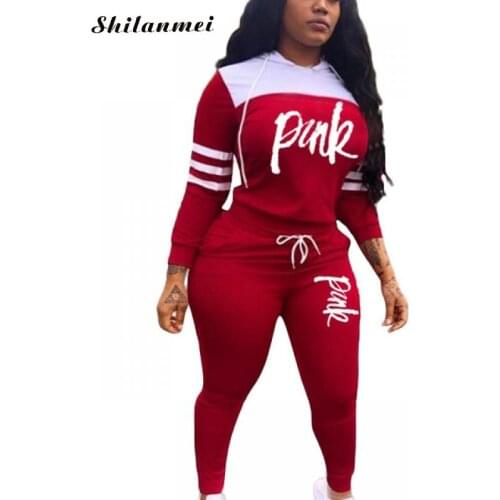 Autumn Winter Two Piece Set Striped Patchwork Pink Letter Print Tracksuit Long Sleeve Sweatshirts Hoodies + Pants Suit Outfit