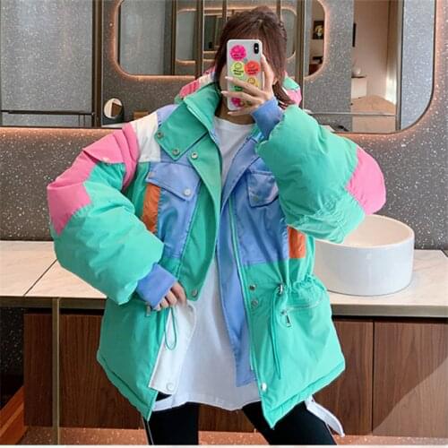 Candy Color Hooded Winter Thick Warm Coat Women Korean Loose Parka Tooling Cotton Padded Jacket Ladies Overcoat Streetwear G1369