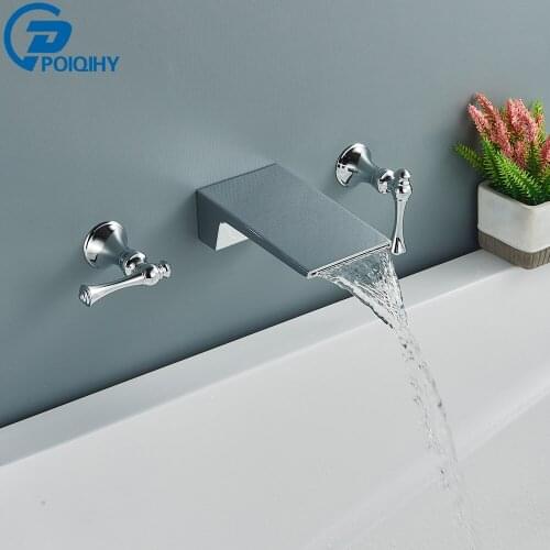 POIQIHY Bright Chrome Bathroom Waterfall Basin Mixer Faucet Dual Handle Wall Mounted Washing Basin Tap Waterfall Bath Mixer Tap