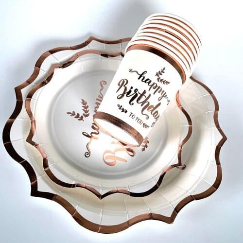 Rose Gold happy Birthday Party Table Decoration Tablecloth Paper Plates Cups Birthday Party Decorations kids Adult Celebration