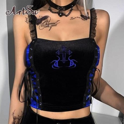 Artsu Lace Up Velvet Camis Cropped Tops Aesthetic Cross Embroidery Punk Crop Tops Ruffles Bodycon Backless Sexy Outfit