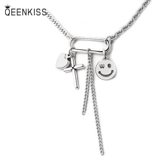 QUEENKISS NC653 Fion Jewelry Wholesale Fashion Lady Girl Birthday Wedding Simplicity Smiley Round 925 Silver Pendant Necklace