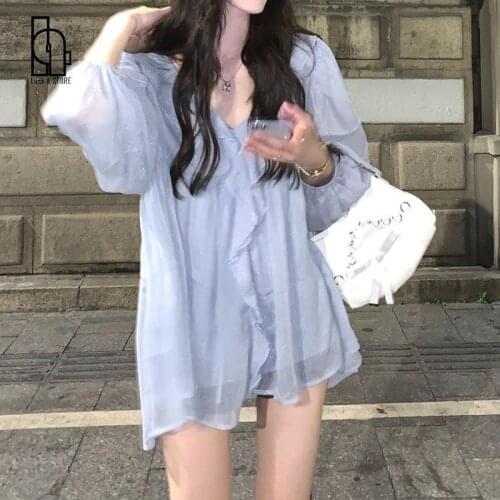 Korea Blouse Woman New Collection 2021 Autumn Casual Thin Loose Long Sleeve Chiffon Blouse Ladies Design Elegant Long Y2k Shirts