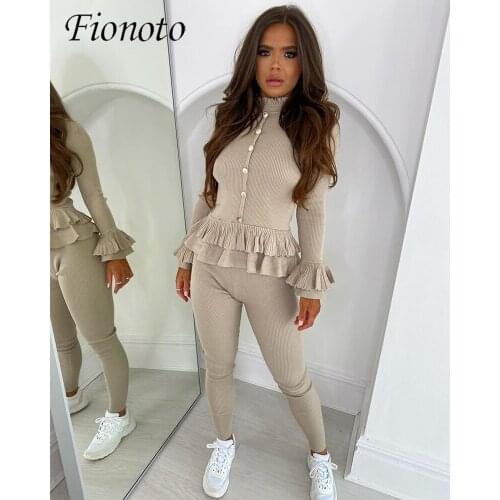 Fionoto Women Solid Elegant Two Piece Suits Long Sleeve Ruffles Top and Skinny Pants Set