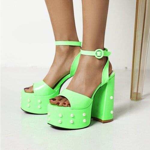 OLOMLB Womens Peep Toe Rivet Gladiators Shoes Pearls Retro Chunky High 5.9" Heel Platform Punk Slingbacks Rome Large Size