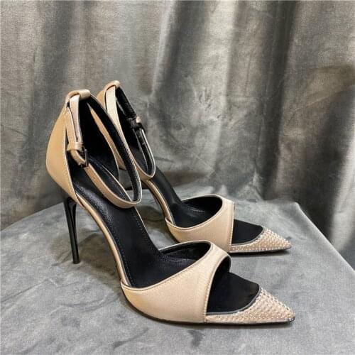 High quality real silk woman open pointed high heel Stilettos real silk sexy rhinestones pointed toe woman dress Stiletto heels
