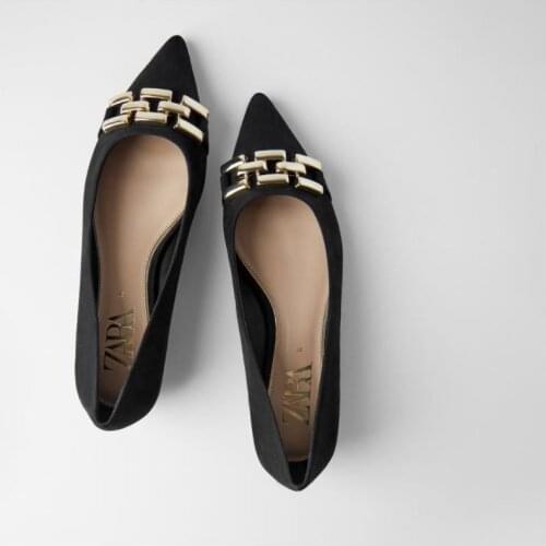 Womens Shoes 2021 New Female Casual Professional Black Metal Decoration Pointed Shallow Flat Ballet Shoes