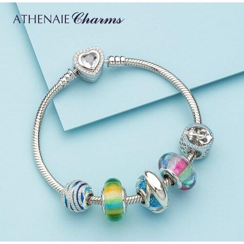 ATHENAIE Authentic 925 Sterling Silver Luxury Rainbow Dolphin Bay Charms Bracelet with Murano Glass Beads for Women Summer Gift