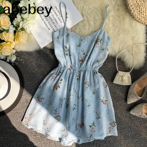 Summer Spaghetti Strap Beach Playsuits 2020 Women Single Breasted V-neck High Waist Floral Sweet Wide Leg Trousers