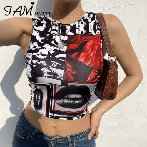 Print Black Patchwork Gothic Tank Top Women Vintage Y2K 2000S Aesthetic Crop Top Tee Summer Club Party Outfit Vest 2021 Iamhotty