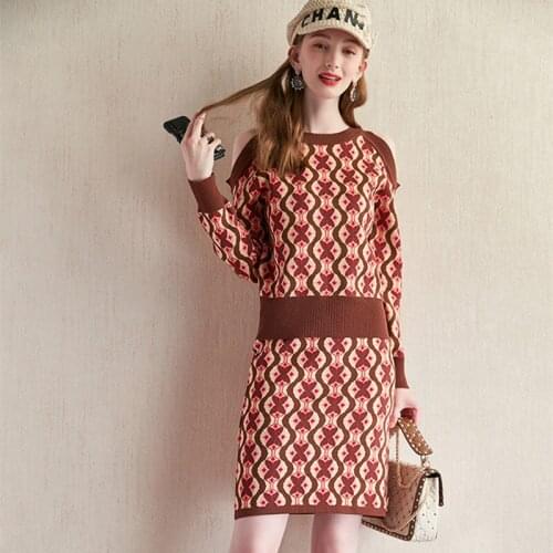 Women Jacquard Knit Off Shoulder Long Sleeve Pullover Sweater + Bodycon Mini Skirt Suits For Autumn Woman Skirt Set