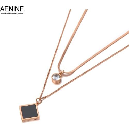 AENINE Trendy Acrylic Square Pendant Necklace For Women Stainless Steel Double Layer CZ Crystal Chain Choker Necklace AN20135