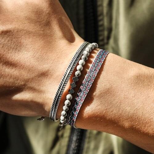 2021 Tibetan Buddhism Handmade Rope Bracelet & Bangle Silver Color Leaf Cuff Bracelets Bohemian Map Stone Beads Dropshiping