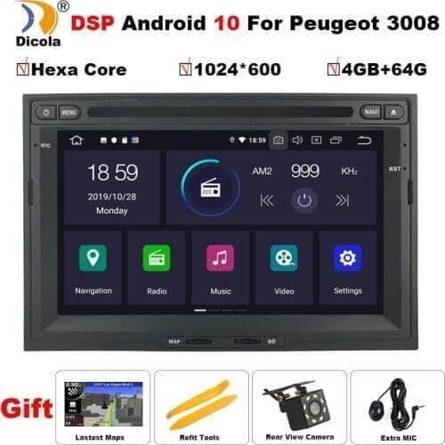 DSP 4G+64G Hexa Core Android 10 2din Car Multimedia DVD Player Radio GPS Navi Car Stereo for PG 3008 5008 Berlingo 2008 - 2016