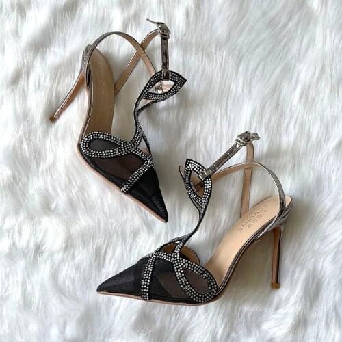 Brand designer TOMONYE black gauze lace crystal flower T strap slingbaclk women lady girl high heel 10cm sandal on sale