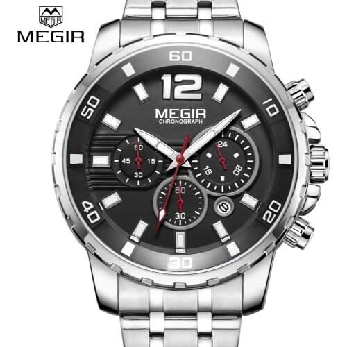 Mens Watches Luxury Brand New MEGIR Stainless steel Quartz watch Men Military Calendar Function Chronograph Waterproof Relogio