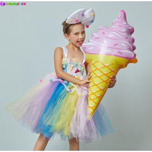 Ice Cream Applique Girls Tutu Dress with Bow Pom-pom Design Kids Sweet Birthday Party Holiday Tulle Dress Children Food Costume