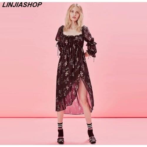 Elegant bohemian black print long summer dresses slash neck ruffles butterfly sleeve asymmetrical high waist reversible dress