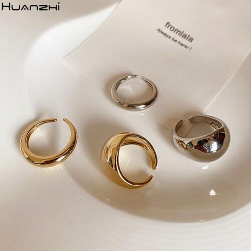 HUANZHI 2020 Personality Fashion Smooth Metal Gold Silver Color Wide Design Opening Adjustable Rings for Women Girls Jewellery