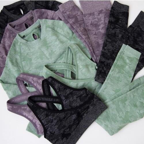 3 Piece Long Sleeve Sportswear High Waist Gym Leggings Set Workout Clothes Women Camo Seamless Yoga Sport Suit Sports Bra Set