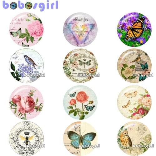 Butterfly flower dragonfly owl Round photo glass cabochon demo flat back Making findings 12mm/18mm/20mm/25mm B4966