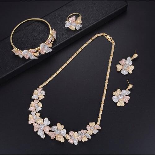 LARRAURI New Luxury Flower Necklace Earring Ring Cubic Zircon CZ Jewelry Sets For Women Wedding Indian Dubai Bridal Jewelry Sets