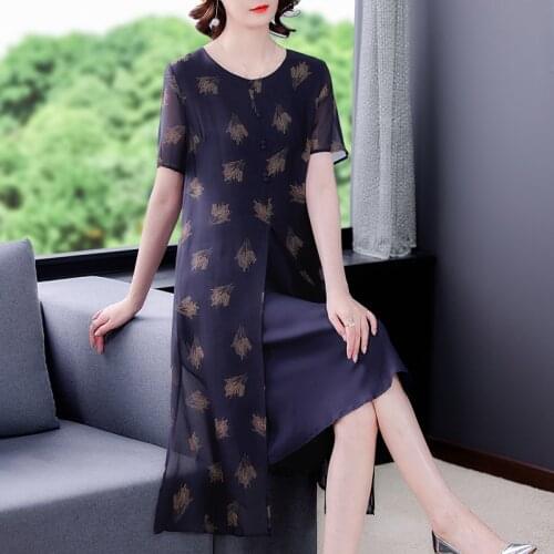 Summer Casual Print Mulberry Silk Midi Dress 2021 Vintage Loose 4XL Plus Size Chiffon Dress Women Elegant Bodycon Party Vestidos