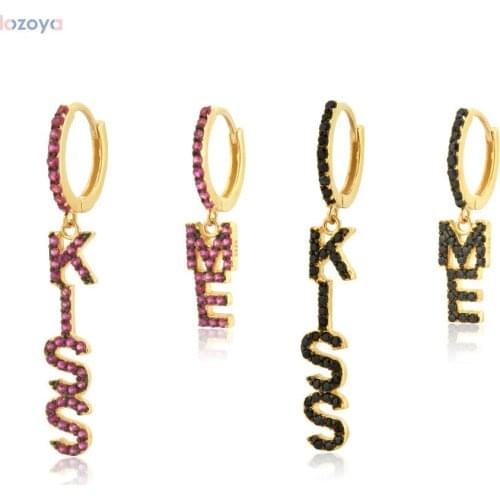 LOZOYA 925 Sterling Silver 9mm Black Pendiente Luxury Kiss Me Pendant Drop Earring Clips Letters Piercing Zircon Jewelry