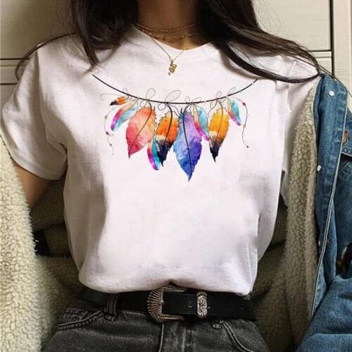 New Feather Print T Shirt Fashion Women T Shirt Harajuku Graphic Tee Shirts Female Summer Cute Tops Ladies White Cartoon T-shirt