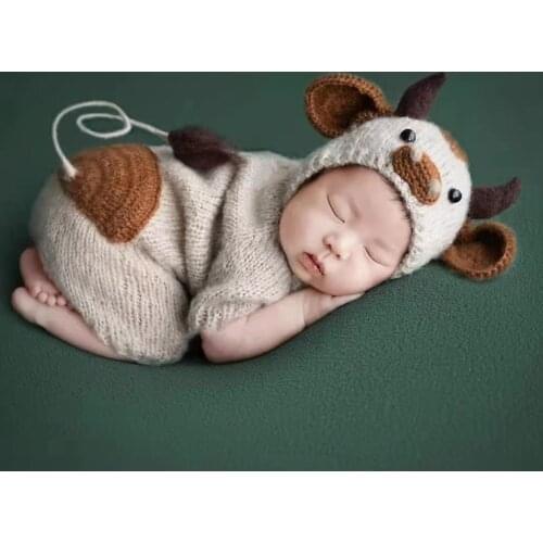 Newborn Photography Clothing Cute Ox Horn Hat+Baby Romper Crochet Outfits Baby Photo Props Accessories Infant Shooting Clothes