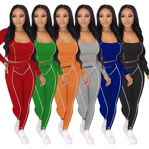 Square Collar Solid Striped Long Sleeve Jacket + Zipper Stretch Exercise Running Pants Casual Suit