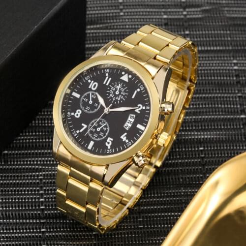 Luxury Golden Watch Men Gold Bracelet Gift Set Quartz Clock With Calendar Dial High Quality Stainless Steel Strap for Husband