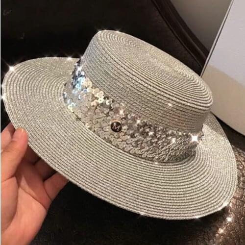 New Large Brim Straw Hat Summer Hats For Women Sequin Shiny Fashion Beach Cap Boater Flat Top Sun Hat